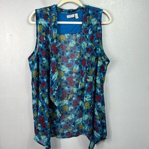 LOGO Lori Goldstein Sheer Chiffon Blue Print Sleeveless Open Front Vest Medium